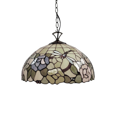 Multi-Color Tiffany Pendant Light with Floral Dragonfly Design for Kitchen - 12"/16" Domed Glass Shade