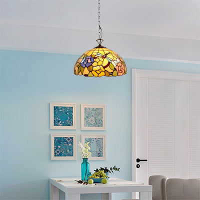 Multi-Color Tiffany Pendant Light with Floral Dragonfly Design for Kitchen - 12"/16" Domed Glass Shade