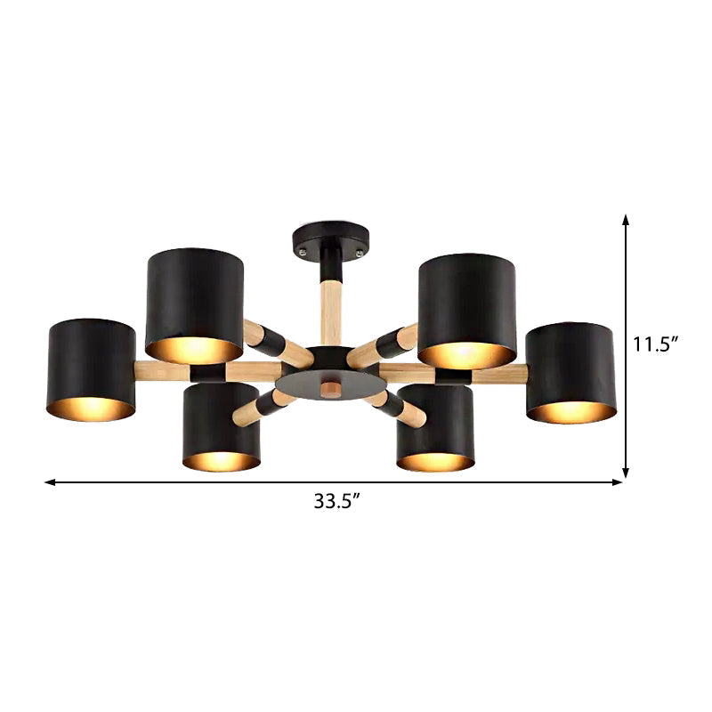 Nordic Chandelier: Metal & Wood Cylinder Shade Hotel Hanging Light With 6 Heads