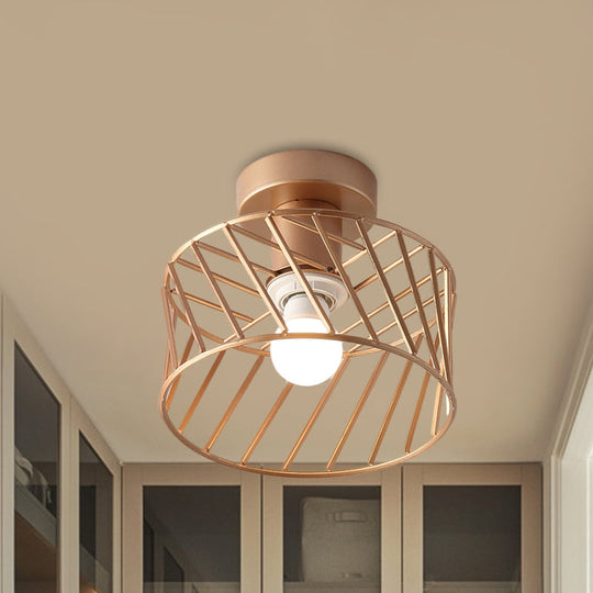 Modern Semi-Flush Gold Drum Cage Light Fixture for Corridor