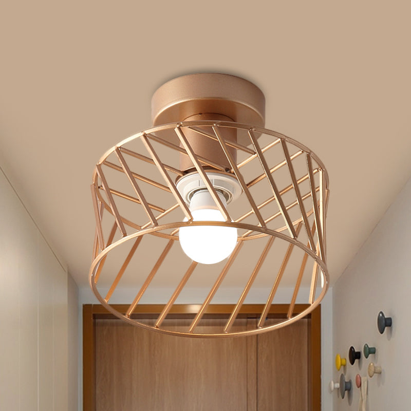 Modern Semi-Flush Gold Drum Cage Light Fixture for Corridor