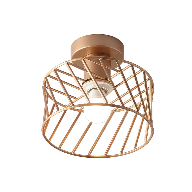 Modern Semi-Flush Gold Drum Cage Light Fixture for Corridor