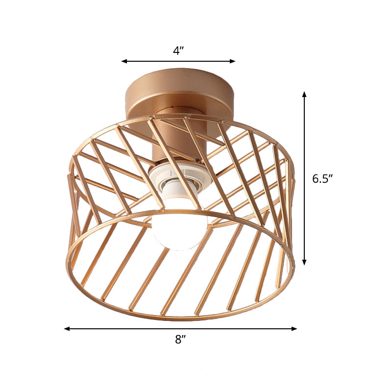 Modern Semi-Flush Gold Drum Cage Light Fixture for Corridor