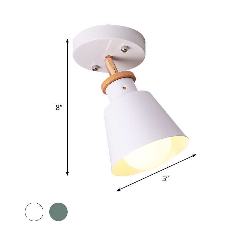 Minimalist Iron Semi Flush Ceiling Lamp in White/Green with Adjustable Rod - Conical Flush Lighting Fixture, 1 Bulb