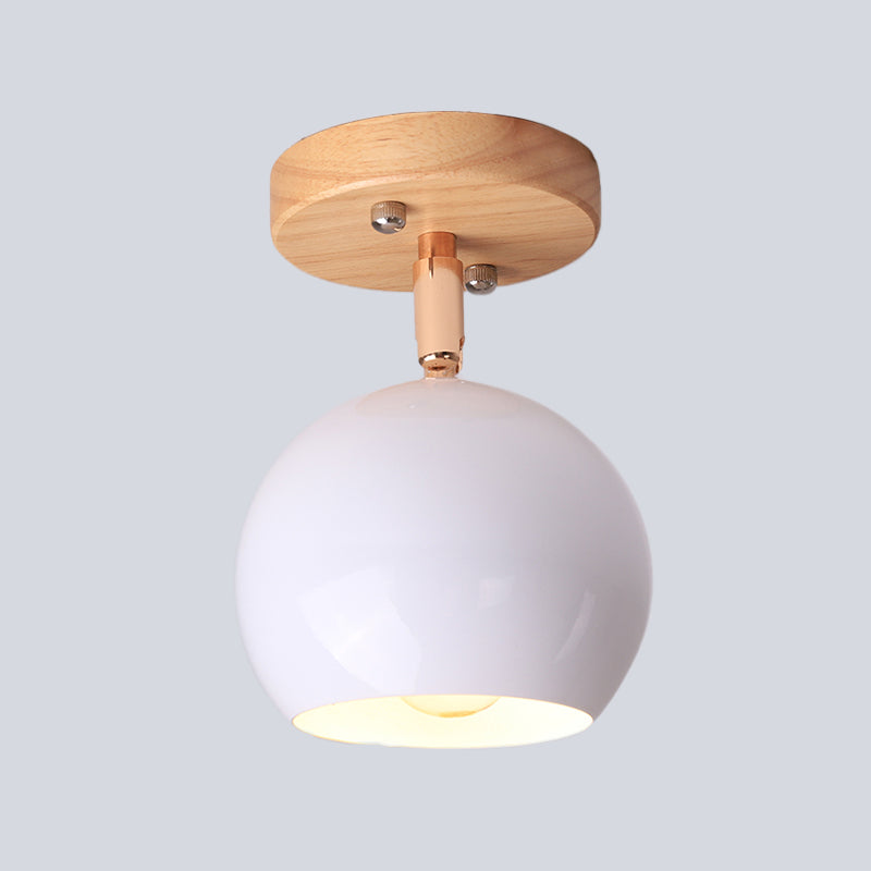 Sleek Adjustable Semi Ceiling Flush Mount with Round Wood Canopy - White/Green Ball Flush Mounted Light