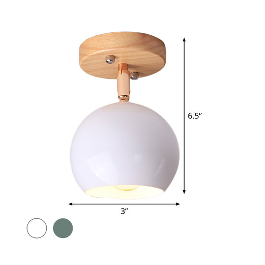 Sleek Adjustable Semi Ceiling Flush Mount With Round Wood Canopy - White/Green Ball Mounted Light