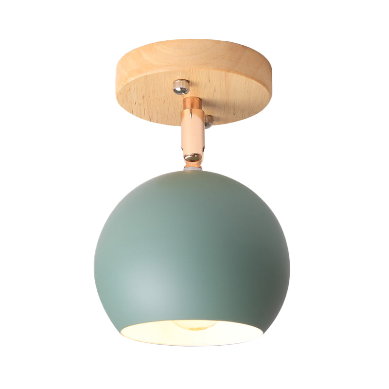 Sleek Adjustable Semi Ceiling Flush Mount with Round Wood Canopy - White/Green Ball Flush Mounted Light