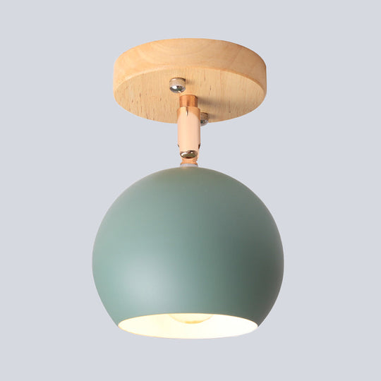 Sleek Adjustable Semi Ceiling Flush Mount with Round Wood Canopy - White/Green Ball Flush Mounted Light