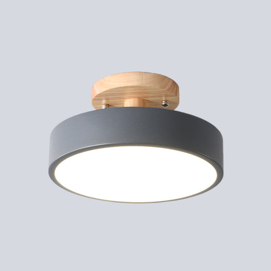 Nordic White/Green/Grey Iron Drum Led Semi Flushmount Ceiling Light With Wood Canopy - Ideal For