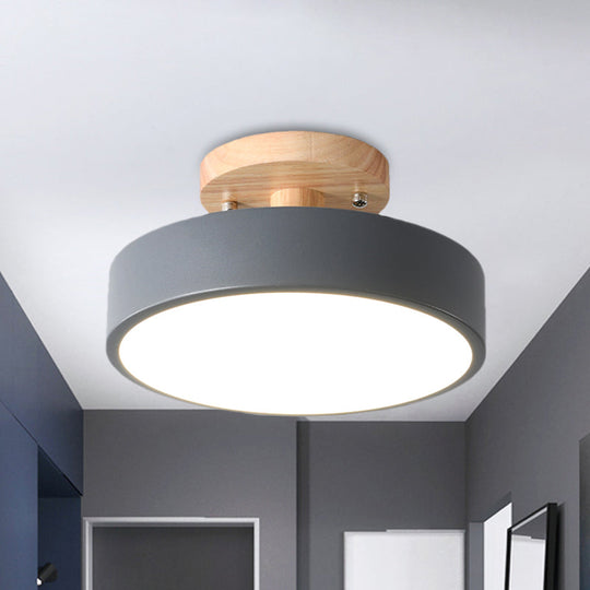 Nordic White/Green/Grey Iron Drum Led Semi Flushmount Ceiling Light With Wood Canopy - Ideal For