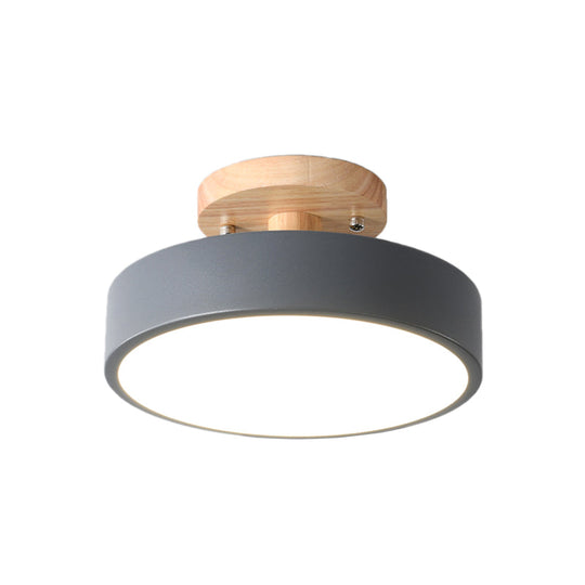 Nordic White/Green/Grey Iron Drum Led Semi Flushmount Ceiling Light With Wood Canopy - Ideal For