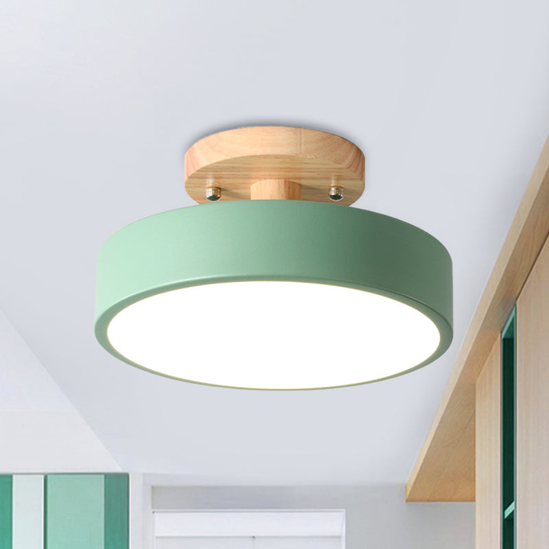 Nordic White/Green/Grey Iron Drum Led Semi Flushmount Ceiling Light With Wood Canopy - Ideal For