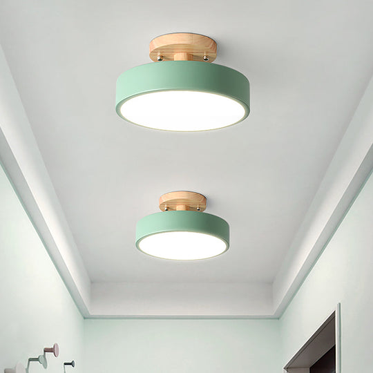 Nordic White/Green/Grey Iron Drum Led Semi Flushmount Ceiling Light With Wood Canopy - Ideal For