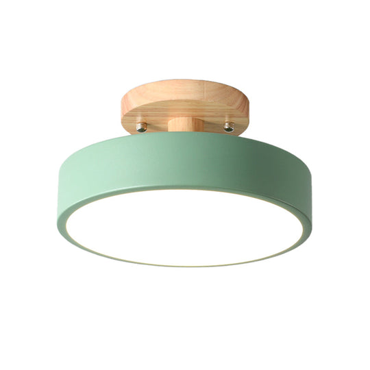 Nordic White/Green/Grey Iron Drum Led Semi Flushmount Ceiling Light With Wood Canopy - Ideal For