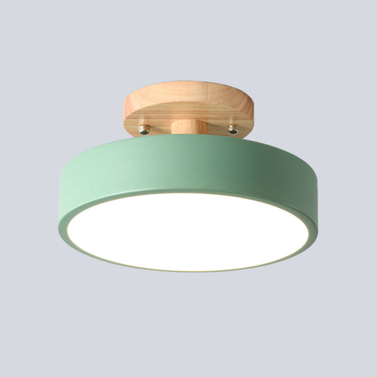 Nordic White/Green/Grey Iron Drum Led Semi Flushmount Ceiling Light With Wood Canopy - Ideal For