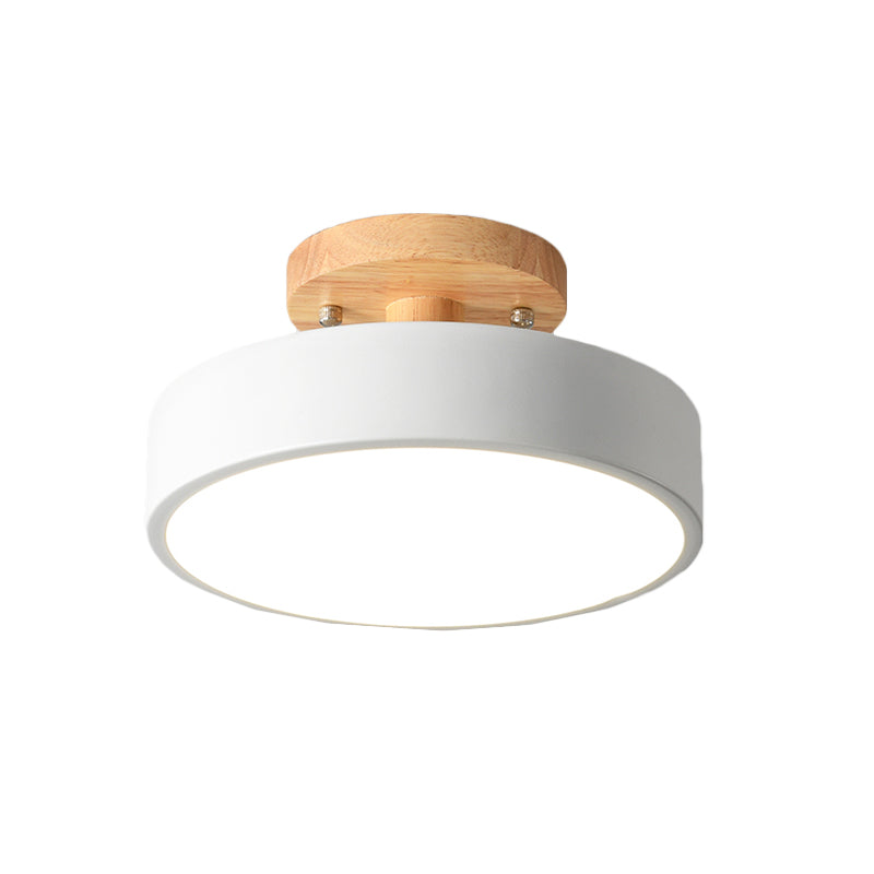 Nordic White/Green/Grey Iron Drum Led Semi Flushmount Ceiling Light With Wood Canopy - Ideal For