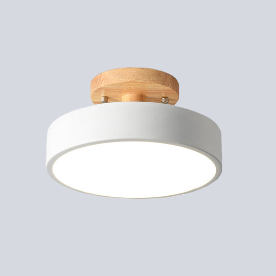 Nordic White/Green/Grey Iron Drum Led Semi Flushmount Ceiling Light With Wood Canopy - Ideal For