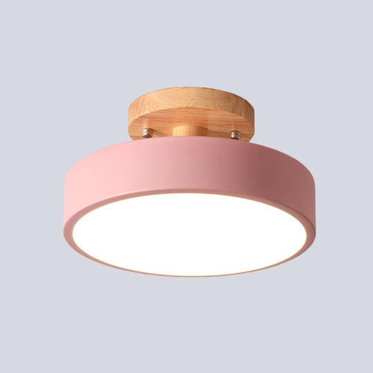 Nordic White/Green/Grey Iron Drum Led Semi Flushmount Ceiling Light With Wood Canopy - Ideal For