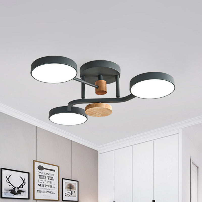 Macaron Metallic LED Flush Mount Lamp in Grey/White/Green - Round Semi-Flush Fixture with Curved Arm