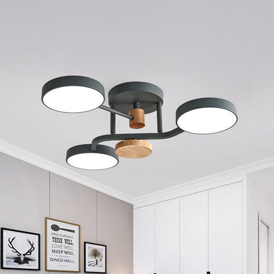 Macaron Metallic Led Flush Mount Lamp In Grey/White/Green - Round Semi-Flush Fixture With Curved Arm