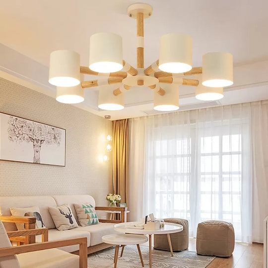 Modern Snowflake Hanging Light: Drum Shade Macaron Wood Chandelier For Living Room