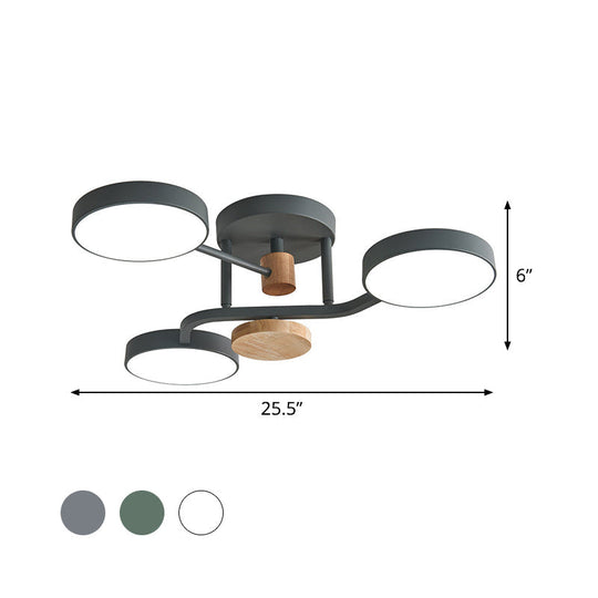 Macaron Metallic LED Flush Mount Lamp in Grey/White/Green - Round Semi-Flush Fixture with Curved Arm