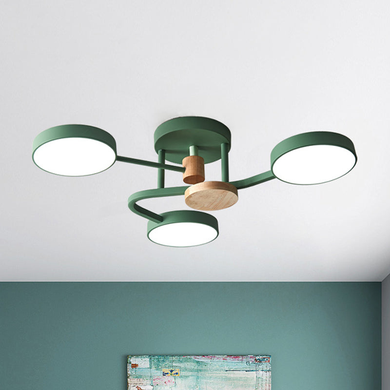 Macaron Metallic LED Flush Mount Lamp in Grey/White/Green - Round Semi-Flush Fixture with Curved Arm