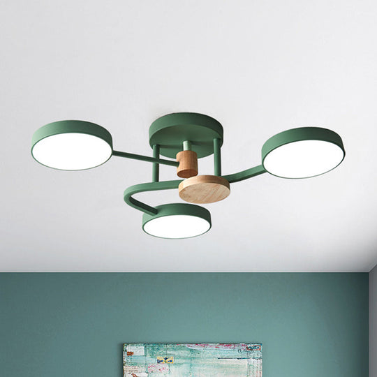 Macaron Metallic LED Flush Mount Lamp in Grey/White/Green - Round Semi-Flush Fixture with Curved Arm