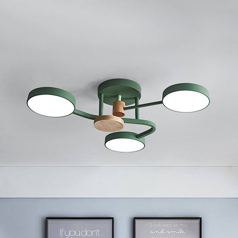 Macaron Metallic LED Flush Mount Lamp in Grey/White/Green - Round Semi-Flush Fixture with Curved Arm