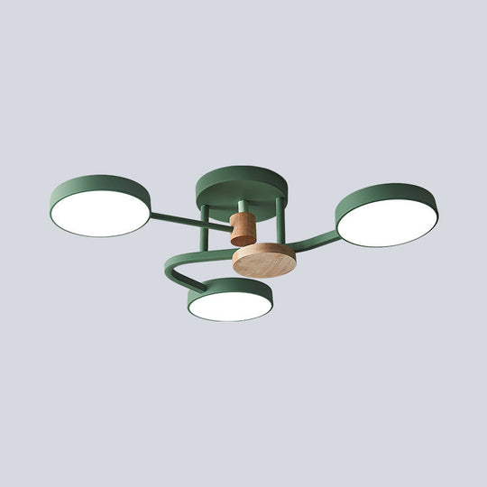 Macaron Metallic LED Flush Mount Lamp in Grey/White/Green - Round Semi-Flush Fixture with Curved Arm