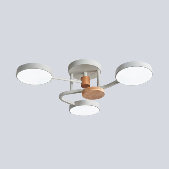 Macaron Metallic LED Flush Mount Lamp in Grey/White/Green - Round Semi-Flush Fixture with Curved Arm