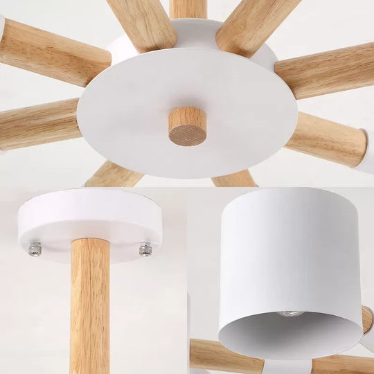 Modern Snowflake Hanging Light: Drum Shade Macaron Wood Chandelier For Living Room