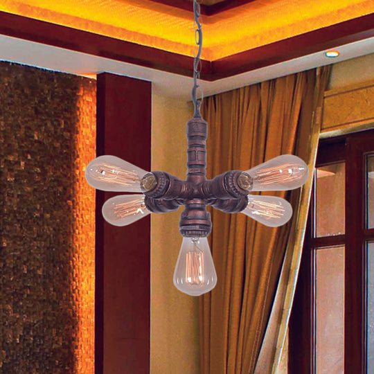 Roberta - Antiqued 5-Bulb Metal Ceiling Chandelier Antiqued Copper Finish Sputnik Pipe Living Room Suspension Lamp