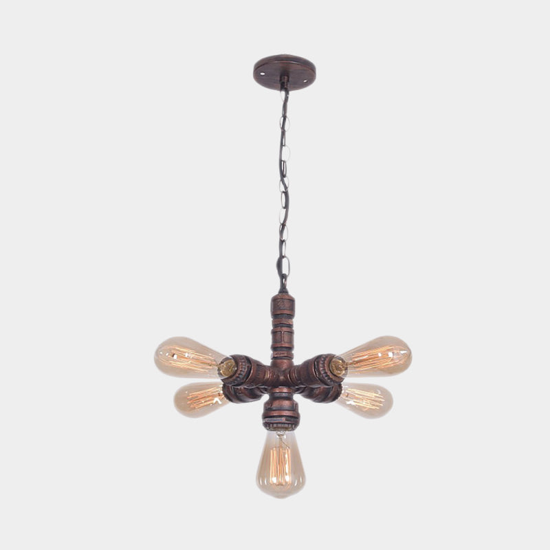 Roberta - Antiqued 5-Bulb Metal Ceiling Chandelier Antiqued Copper Finish Sputnik Pipe Living Room Suspension Lamp