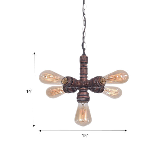 Roberta - Antiqued 5-Bulb Metal Ceiling Chandelier Copper Finish Sputnik Pipe Living Room Suspension