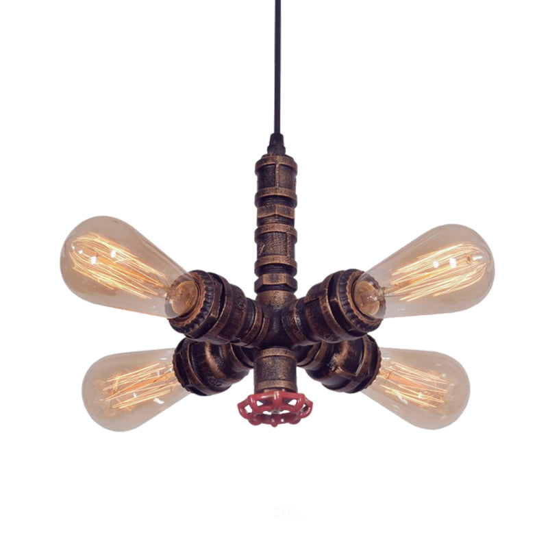 Zoey - Copper Copper Radial Pipe Hanging Lighting Industrial Iron 4 Bulbs Living Room Chandelier Pendant Lamp with Valve Deco