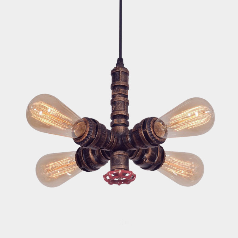 Zoey - Copper Copper Radial Pipe Hanging Lighting Industrial Iron 4 Bulbs Living Room Chandelier Pendant Lamp with Valve Deco