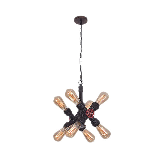 Farmhouse Cross Pipe Pendant Chandelier - 8-Light Metal Ceiling Lamp in Black for Living Room