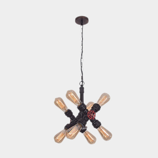 Farmhouse Cross Pipe Pendant Chandelier - 8-Light Metal Ceiling Lamp In Black For Living Room