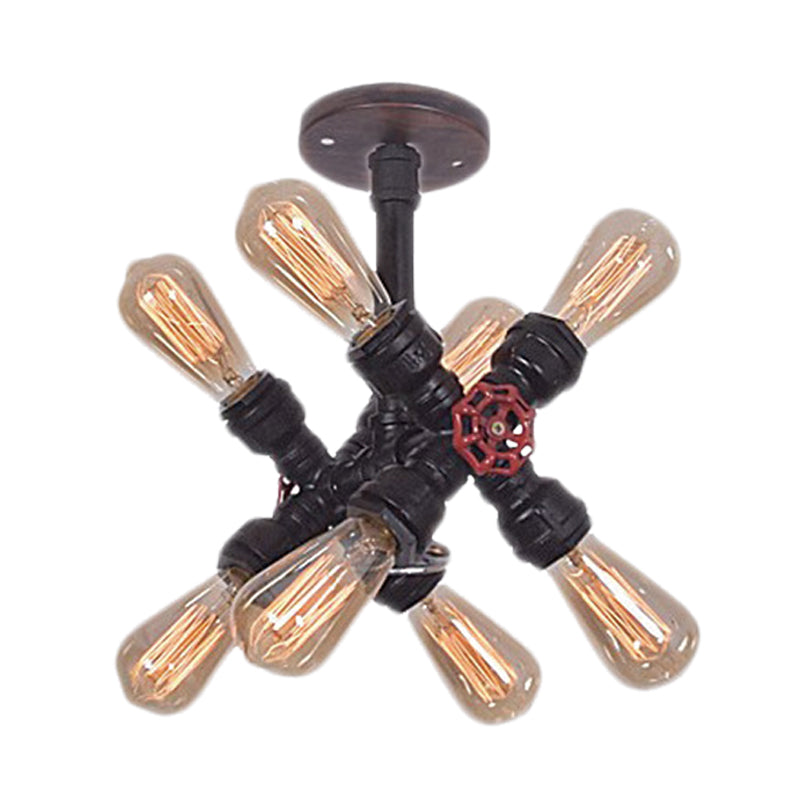 Vintage Black Iron Semi Flush Mount Light with 8-Bulb Crossing Pipe Design - Ideal for Bedroom Ceiling