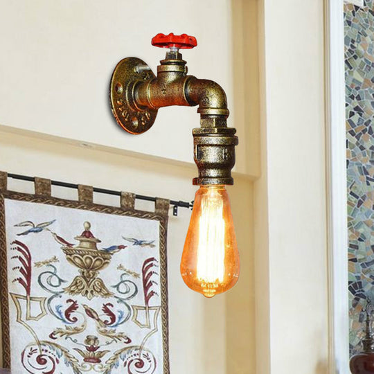 Iron Water Pipe Balcony Sconce Industrial Lamp With Red Valve Deco - Silver/Black/Rust