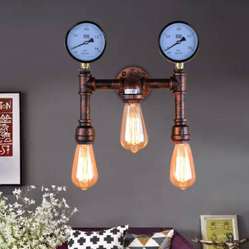 Industrial Copper Metallic Sconce Light Balcony Wall Lamp With Exposed Bulb - 3 Lights