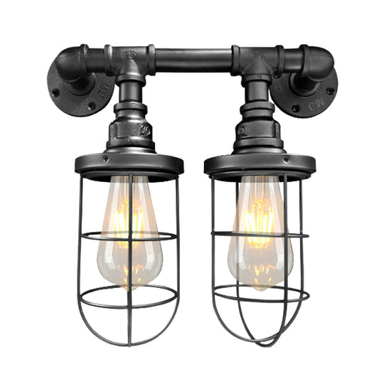 Farmhouse Wire Cage Sconce Light Fixture With 2 Bulbs - Coffee Shop Wall Mount Pipe Lamp In