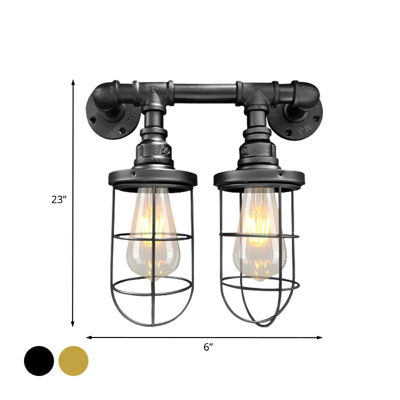 Farmhouse Wire Cage Sconce Light Fixture With 2 Bulbs - Coffee Shop Wall Mount Pipe Lamp In