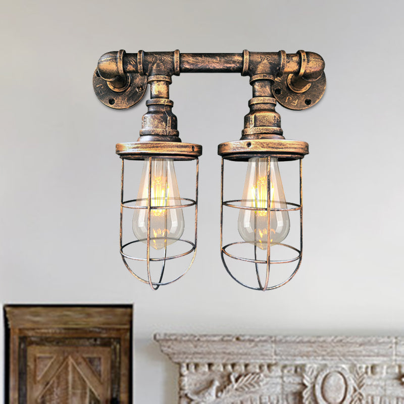 Farmhouse Wire Cage Sconce Light Fixture With 2 Bulbs - Coffee Shop Wall Mount Pipe Lamp In