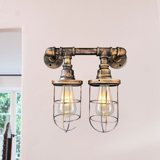 Farmhouse Wire Cage Sconce Light Fixture With 2 Bulbs - Coffee Shop Wall Mount Pipe Lamp In