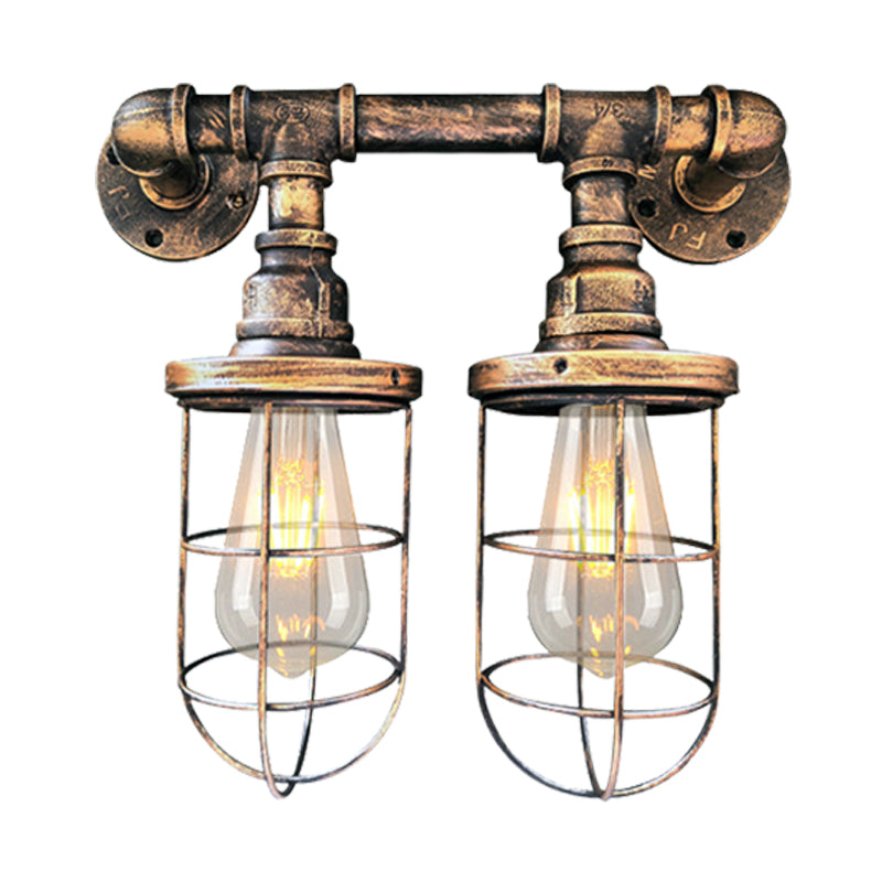 Farmhouse Wire Cage Sconce Light Fixture With 2 Bulbs - Coffee Shop Wall Mount Pipe Lamp In