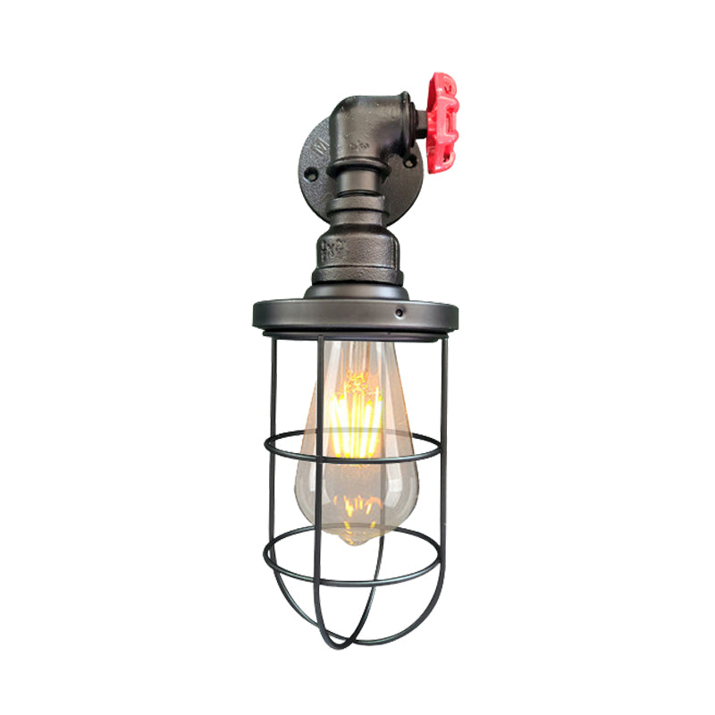 1-Light Industrial Wall Sconce With Cage Metallic Shade In Black/Rust For Corridors