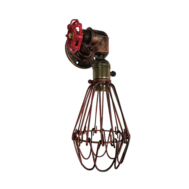 Vintage Metal Wall Lamp With Valve Deco - Conical Cage Sconce Light Fixture