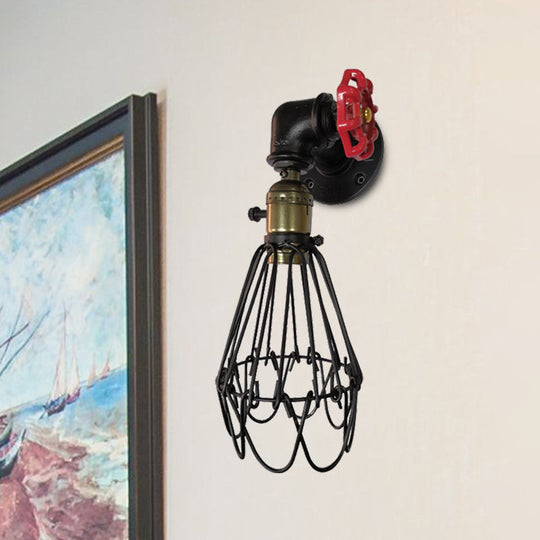 Vintage Metal Wall Lamp With Valve Deco - Conical Cage Sconce Light Fixture